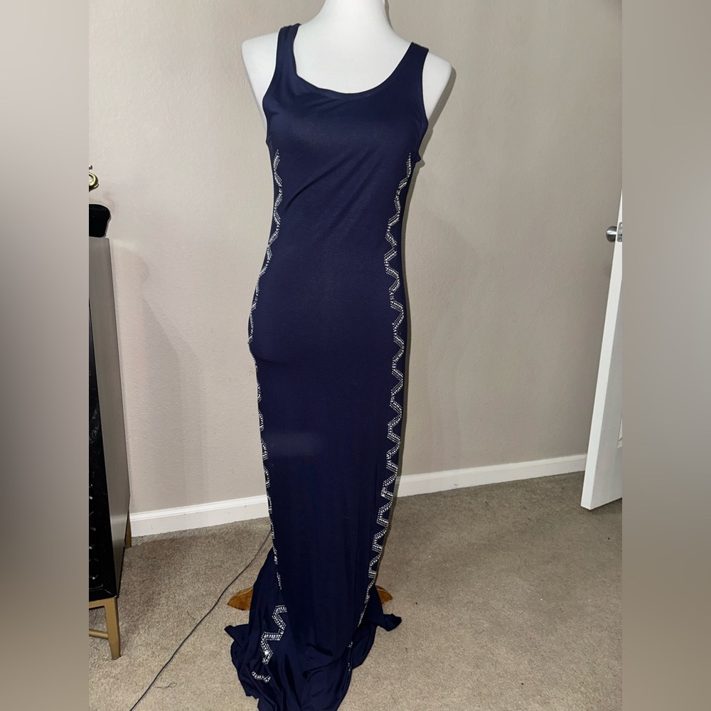 Chic Navy Maxi Dress with Silver Accents
